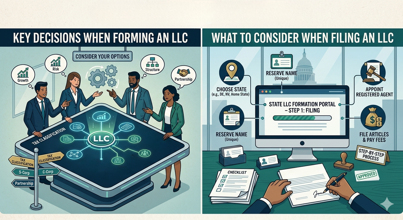 Professionals discuss LLC formation around a glowing central unit labeled LLC, with tax classifications and partnerships shown nearby.