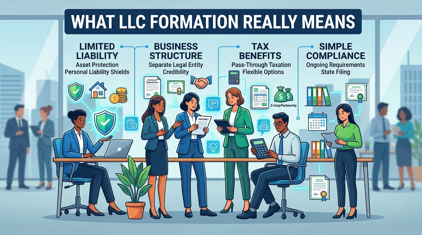 Group of professionals presenting LLC benefits: liability protection, separate legal entity, tax options, and ongoing compliance.