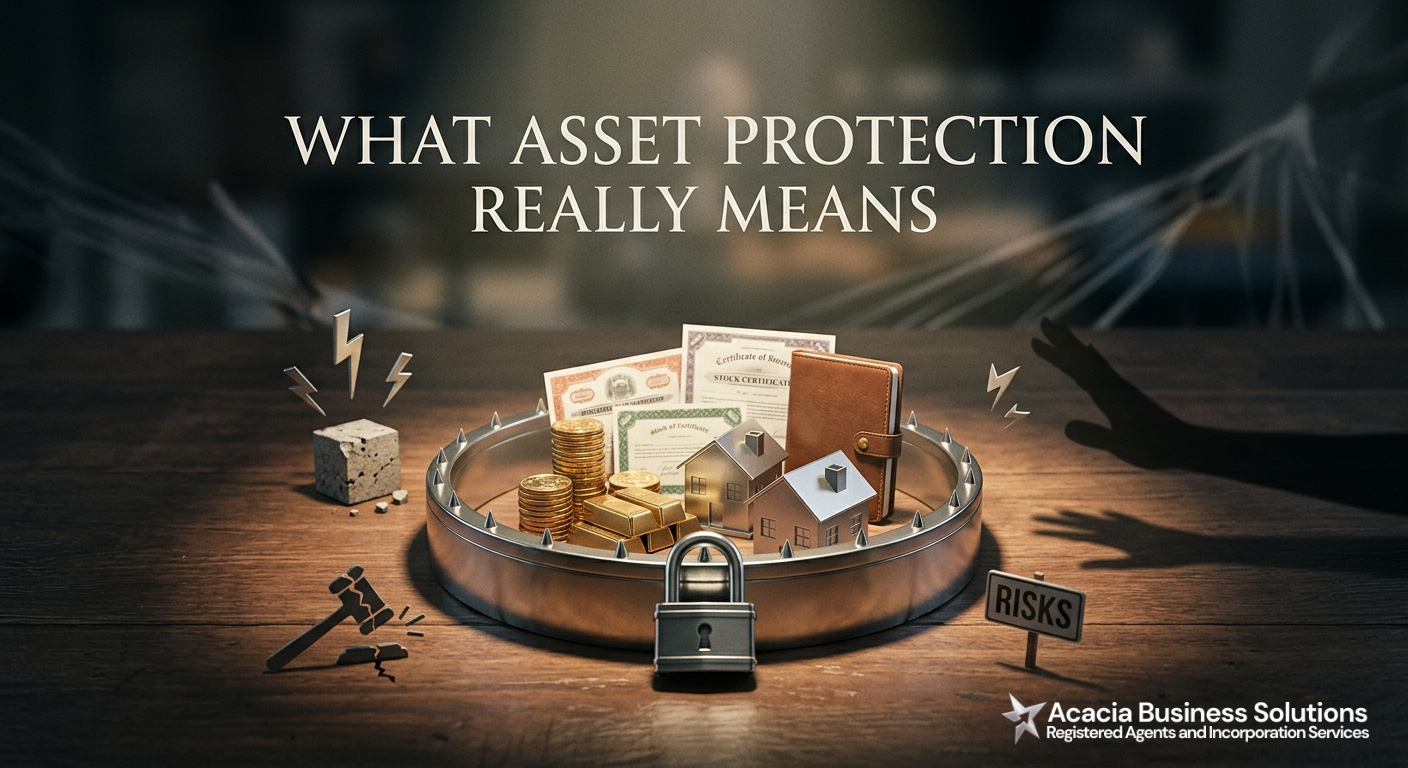 Artwork illustrating asset protection: money, coins, a house, and important documents inside a spiked circular trap with a padlock outside, symbolizing security.