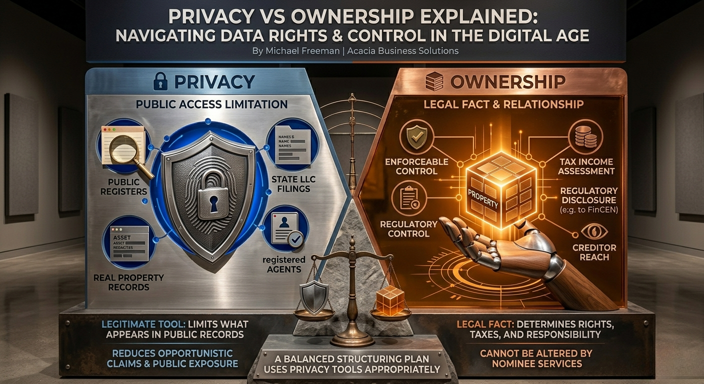Infographic panel: 'Privacy vs Ownership' concept with blue privacy side (public access limits, records) and orange ownership side (legal rights, control) balanced by scales and a robotic hand.