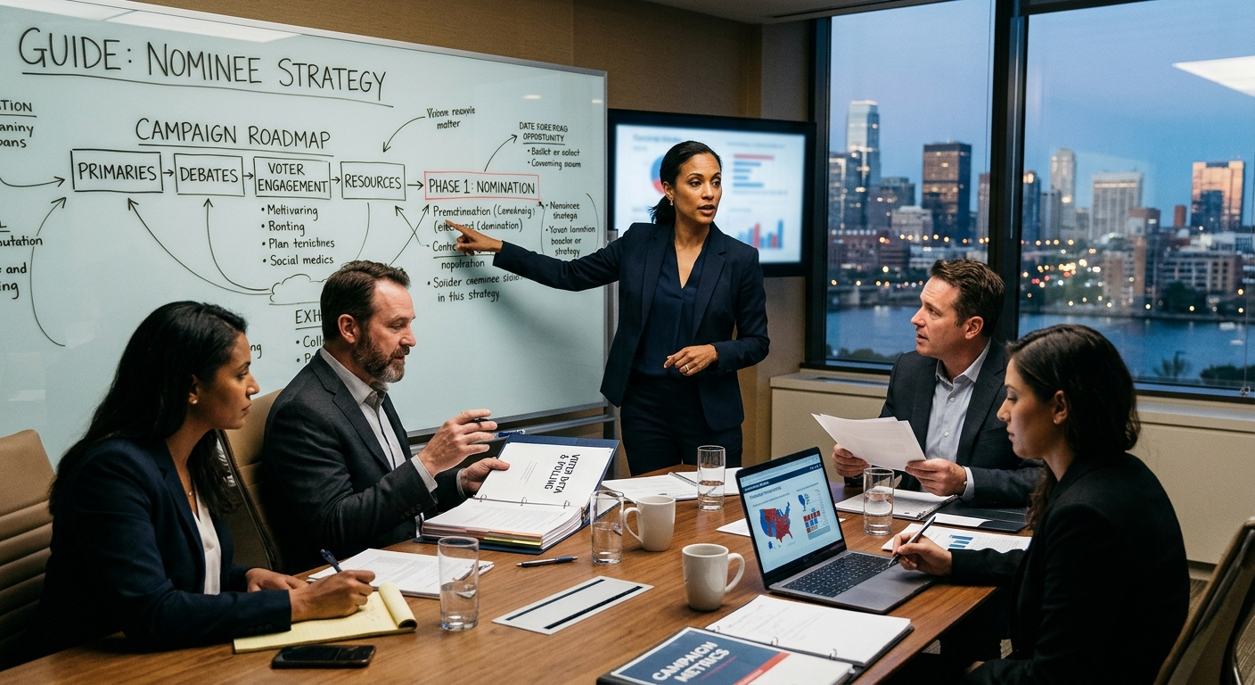 Team in a boardroom listening to a presenter beside a whiteboard with a campaign roadmap.