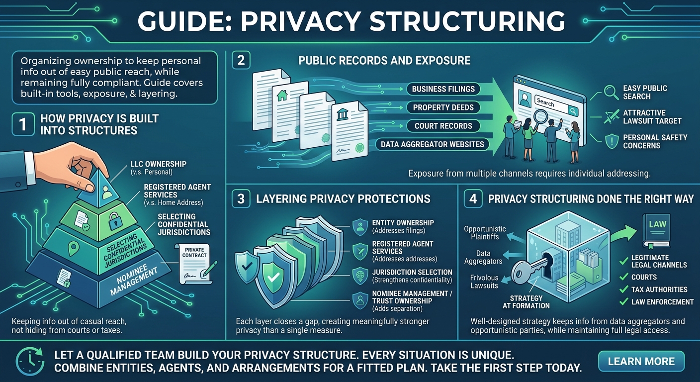 Infographic about privacy structuring with four sections: 1) ownership pyramid, 2) public records exposure, 3) layered protections, 4) proper privacy structuring and legal outcomes.