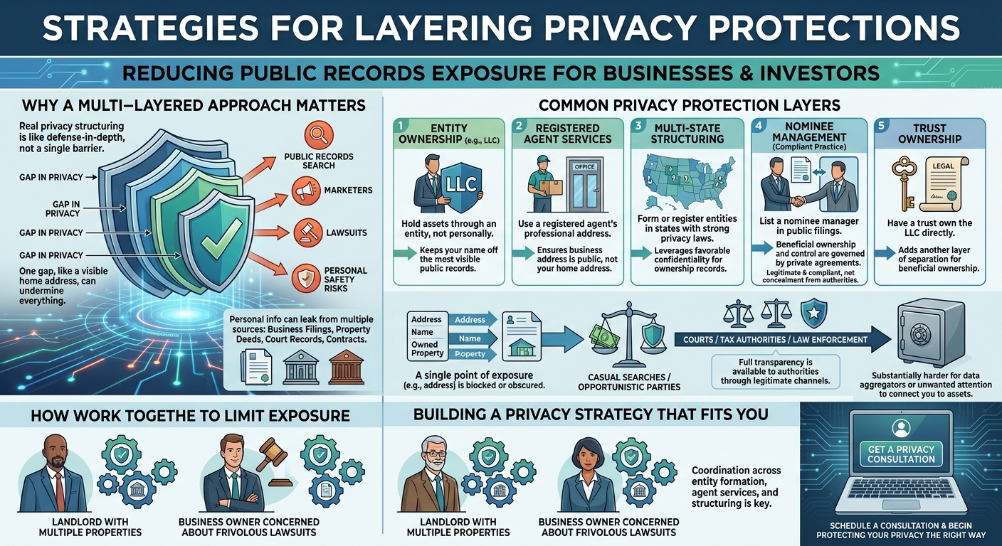 Infographic titled 'Strategies for Layering Privacy Protections' explaining reducing public records exposure for businesses and investors with sections and icons.
