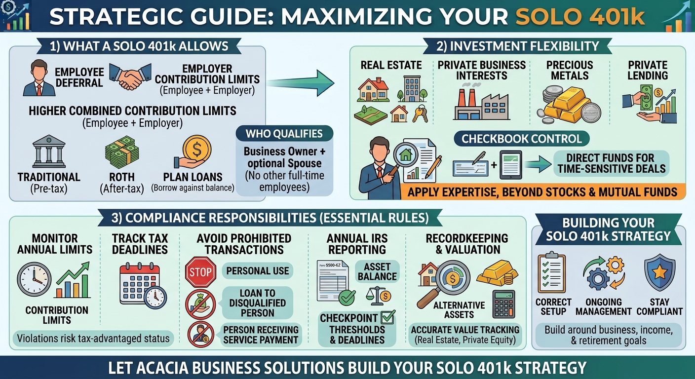 Infographic titled Strategic Guide: Maximizing Your Solo 401k, outlining sections on what Solo 401k allows, investment flexibility, compliance, and strategy with money, buildings, and gears icons.