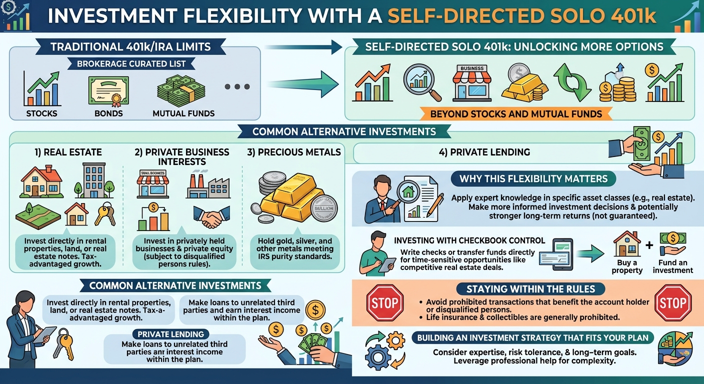 Infographic comparing traditional 401k/IRA limits with self-directed solo 401k options and icons for stocks, bonds, and funds beyond.