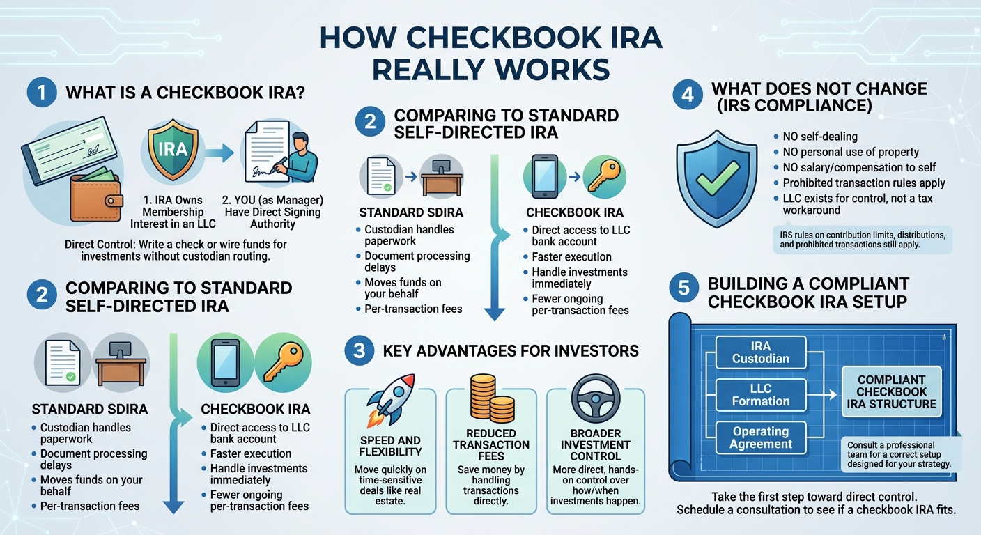 Infographic titled How Checkbook IRA Works showing steps from definition to setup and compliance rule notes.
