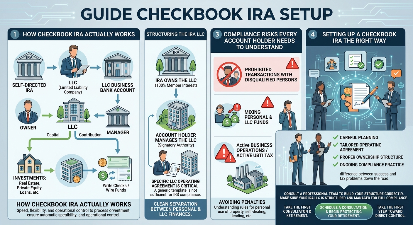 Infographic titled 'Guide Checkbook IRA Setup' with four panels explaining how a checkbook IRA works, including structure, compliance risks, and setup steps.