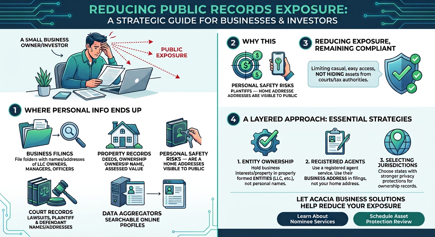 Infographic on reducing public records exposure for businesses and investors, with icons showing filing, property records, and safety risks.