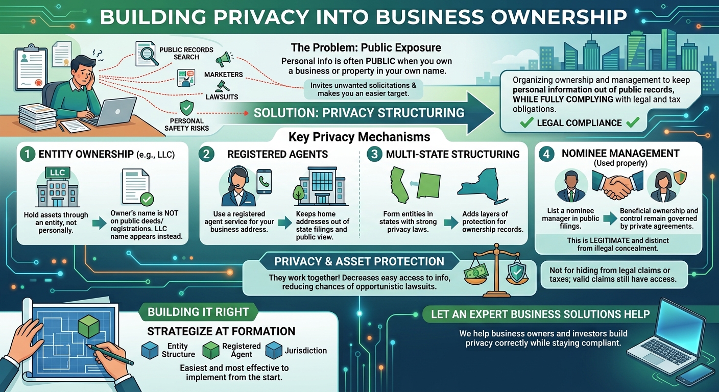 Infographic about building privacy in business ownership, showing four privacy mechanisms (entity ownership, registered agents, multi-state structuring, nominee management) with icons of an LLC, offices, handshake, and a person at a laptop.