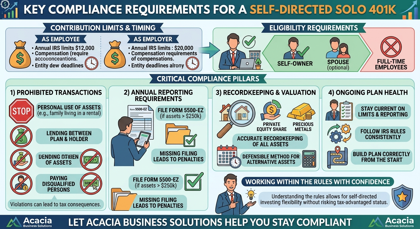 Overview of key compliance requirements for a self-directed Solo 401k, including contribution limits, eligibility, pillars and ongoing plan health (informative)