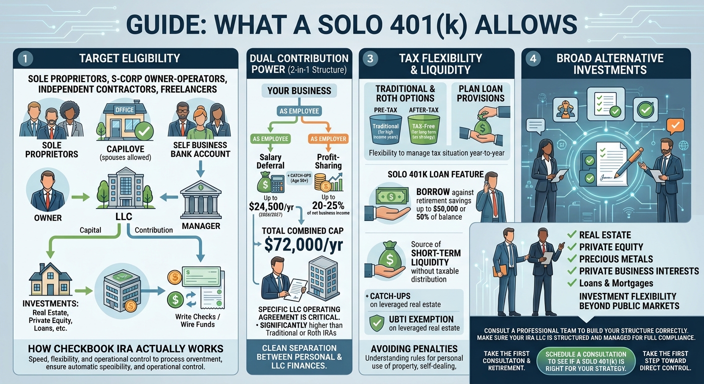 Infographic titled: GUIDE: WHAT A SOLO 401(k) ALLOWS with four panels on eligibility, contributions, tax flexibility, and investments; illustration of people and finances.