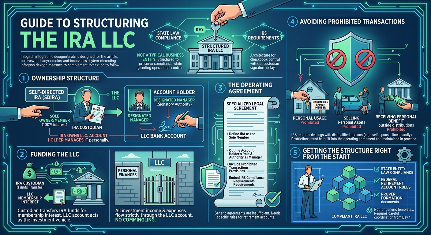Infographic explaining how to structure an IRA LLC: ownership, funding, operating agreement, and compliance steps (guide title shown).
