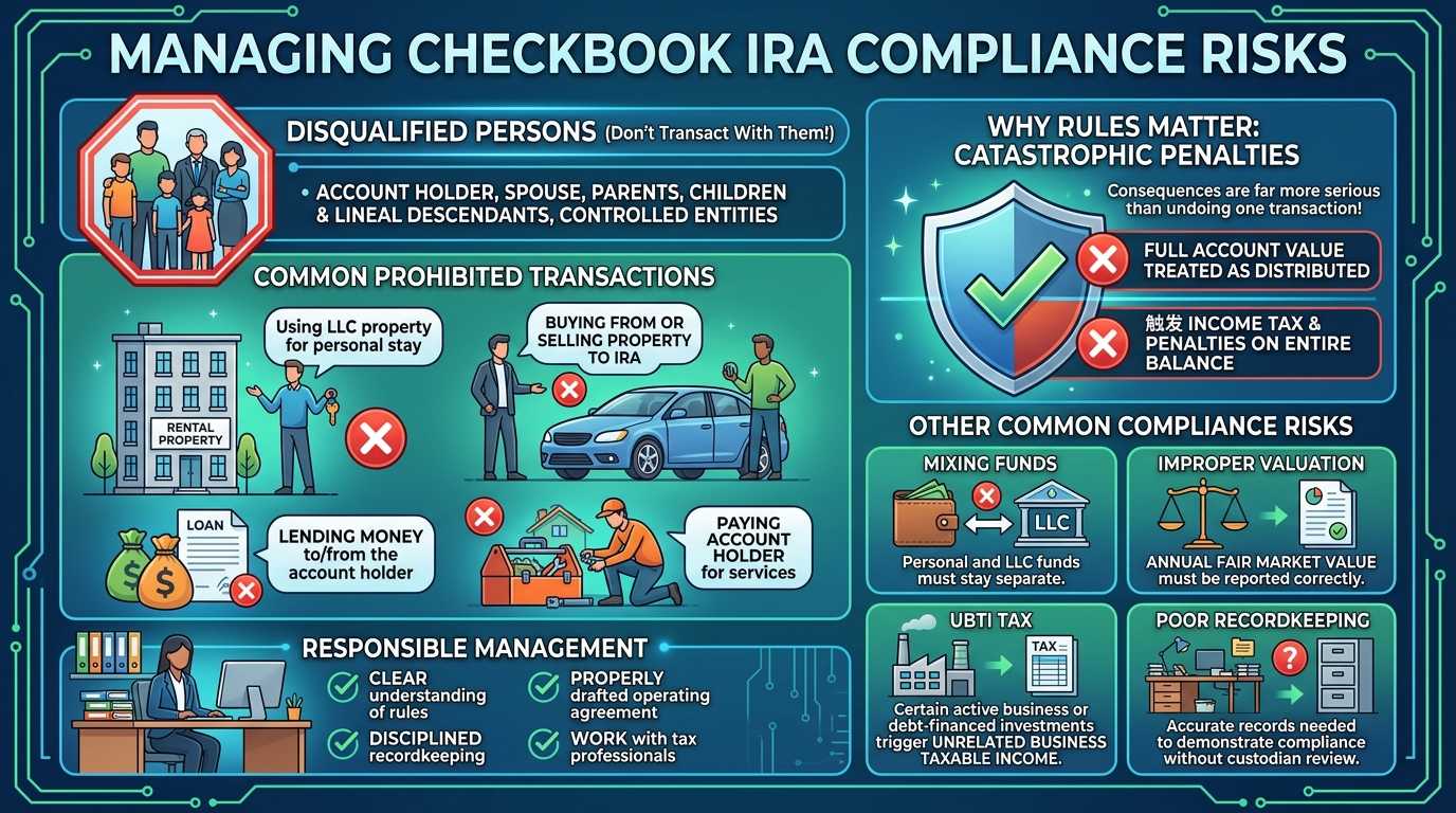 Infographic about managing checkbook IRA compliance risks, with sections on disqualified persons, prohibited transactions, and penalties.