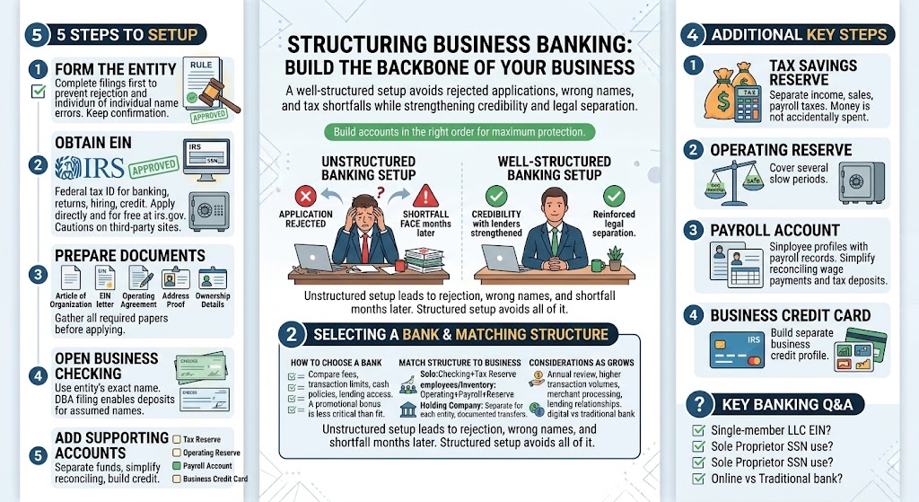 Infographic titled 'Structuring Business Banking: Build the Backbone of Your Business' showing unstructured vs well-structured banking setups with steps and visuals for each. Includes bank selection guidance and key steps like form entity, obtain EIN, prepare documents, open accounts, and add supporting accounts, plus right-hand steps for tax reserve, operating reserve, payroll, business credit card, and key banking Q&A.