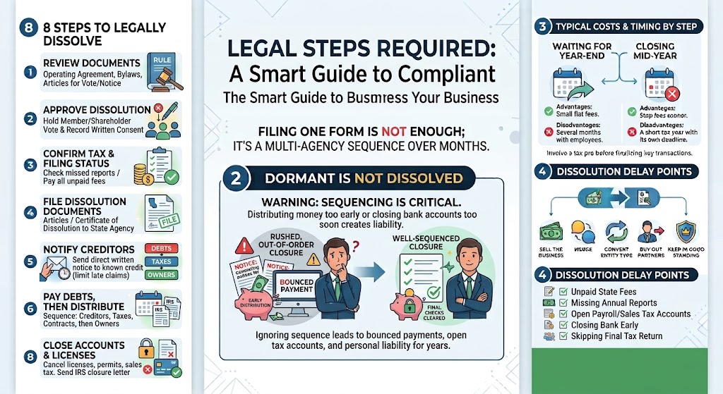 Three-column infographic titled 'Legal Steps Required: A Smart Guide to Compliant' showing steps, a central warning about dormant entities, and a right-hand costs/timing section.