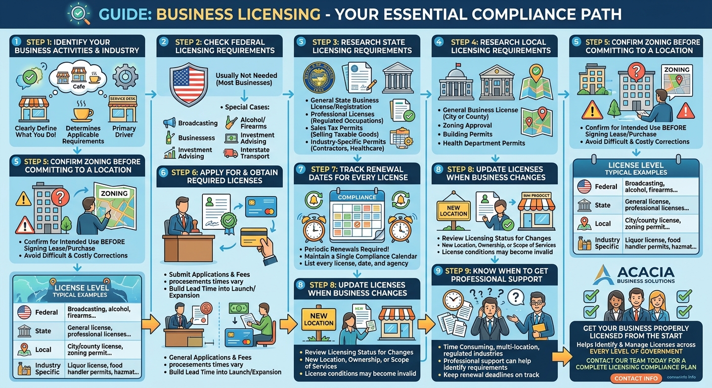Infographic outlining a nine-step path to business licensing, from defining activities to securing licenses and keeping them updated.