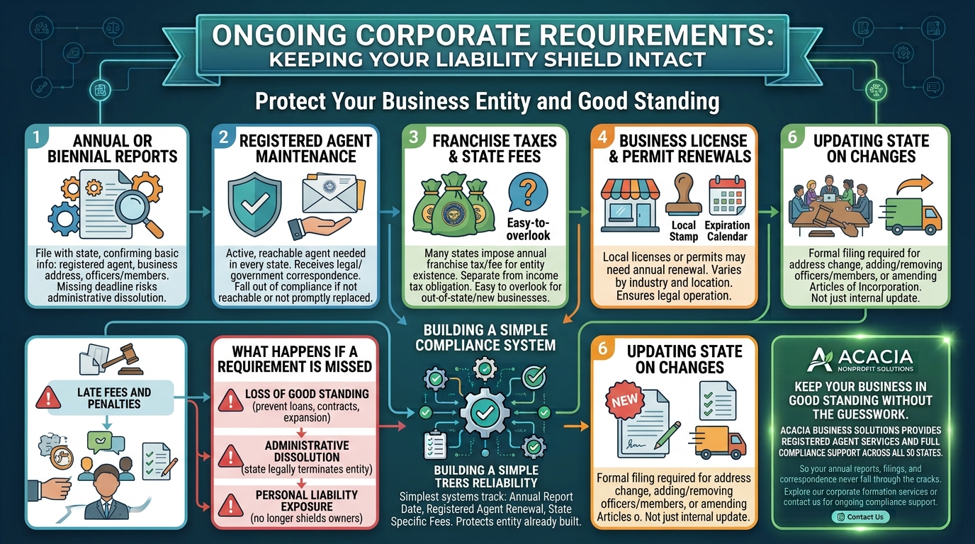 Infographic showing six steps to keep a business in good standing: annual reports, agent maintenance, franchise taxes, licenses, state change updates, and penalties for missed requirements.