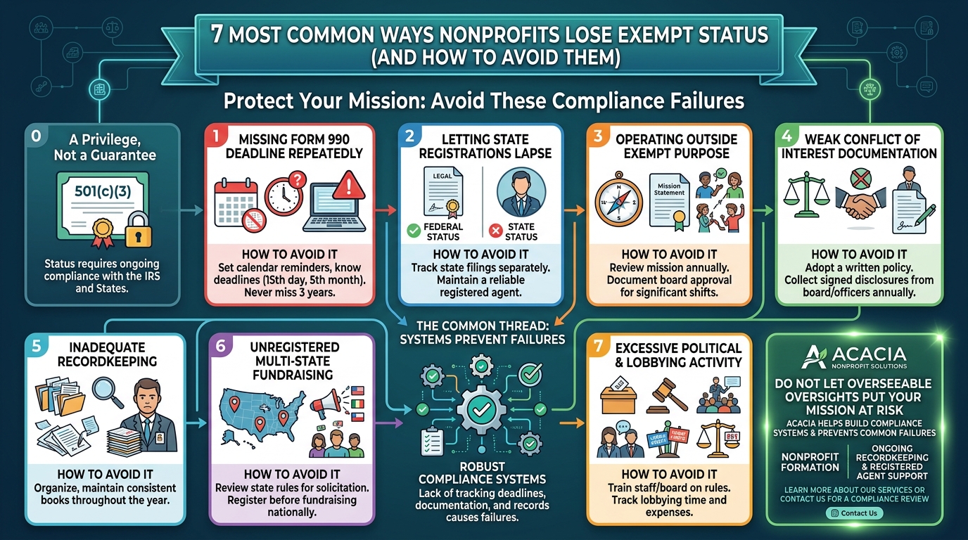 Infographic outlining seven common nonprofit compliance failures and tips to avoid them.