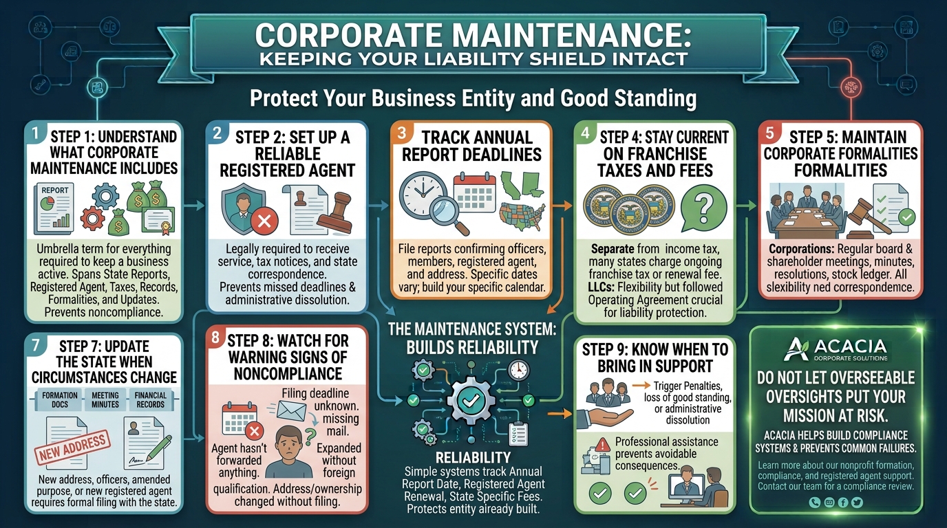 Infographic titled Corporate Maintenance: Keeping Your Liability Shield Intact, outlining 9 steps to protect a business’s entity and good standing.