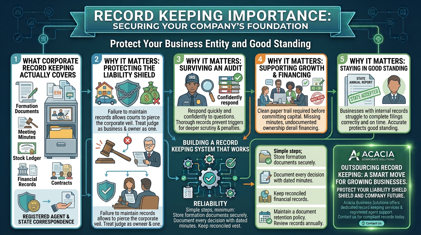 Infographic on record keeping importance; shows five steps to protect a business and stay in good standing.