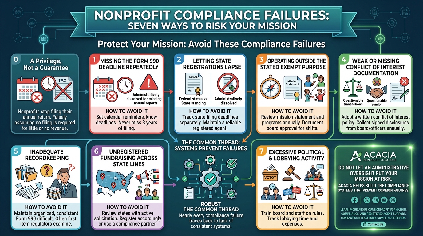 Infographic titled Nonprofit Compliance Failures: Seven Ways to Risk Your Mission, outlining seven common failures and how to avoid them.