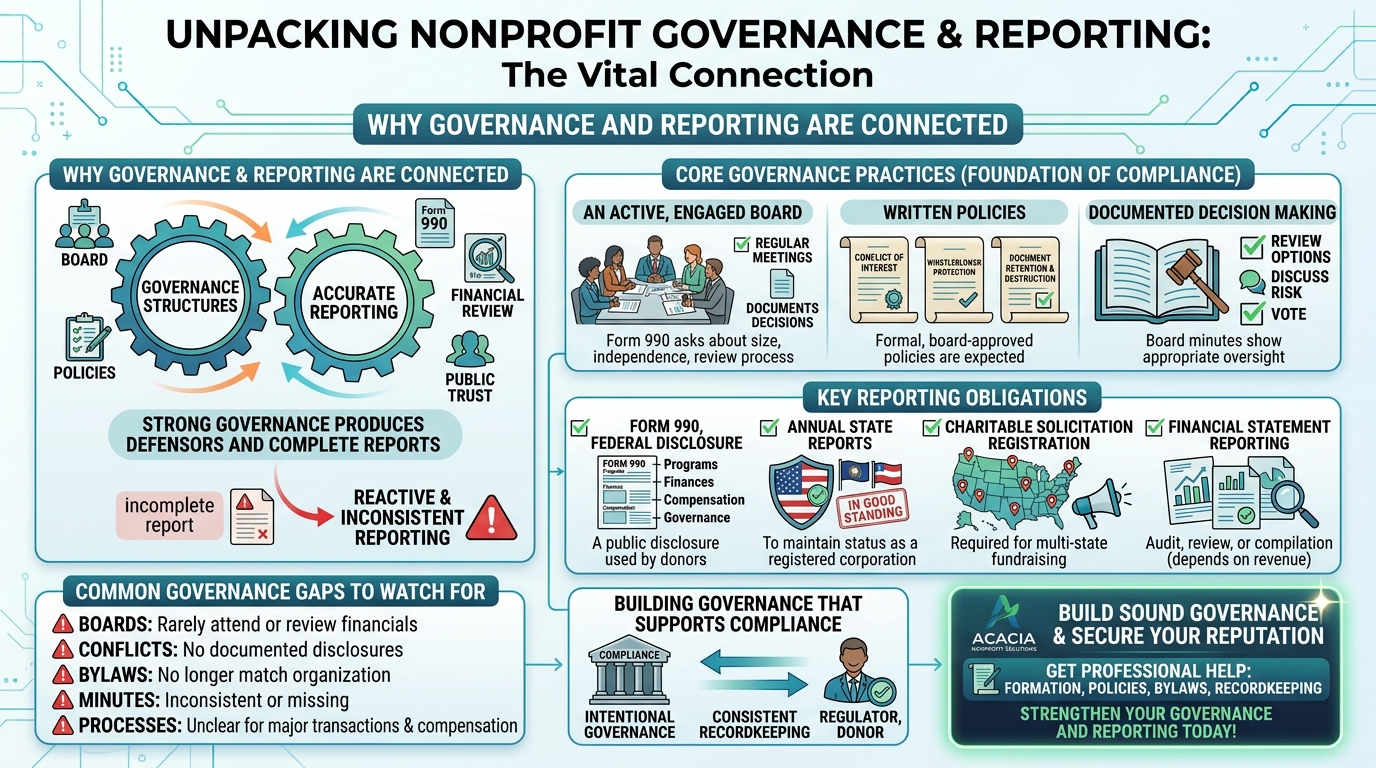 Infographic titled 'Unpacking nonprofit governance & reporting: The Vital Connection' showing connected governance practices and reporting sections.