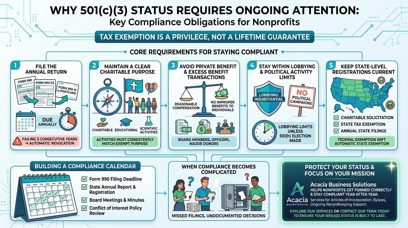 Infographic on 501(c)(3) status with core compliance steps for nonprofits and a calendar timeline