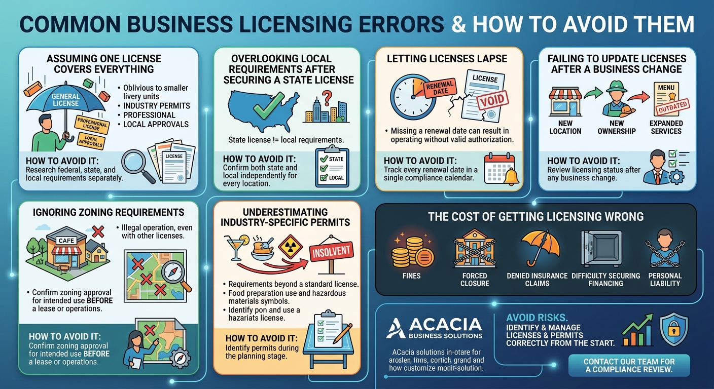 Infographic outlining common business licensing errors and prevention tips across eight panels.