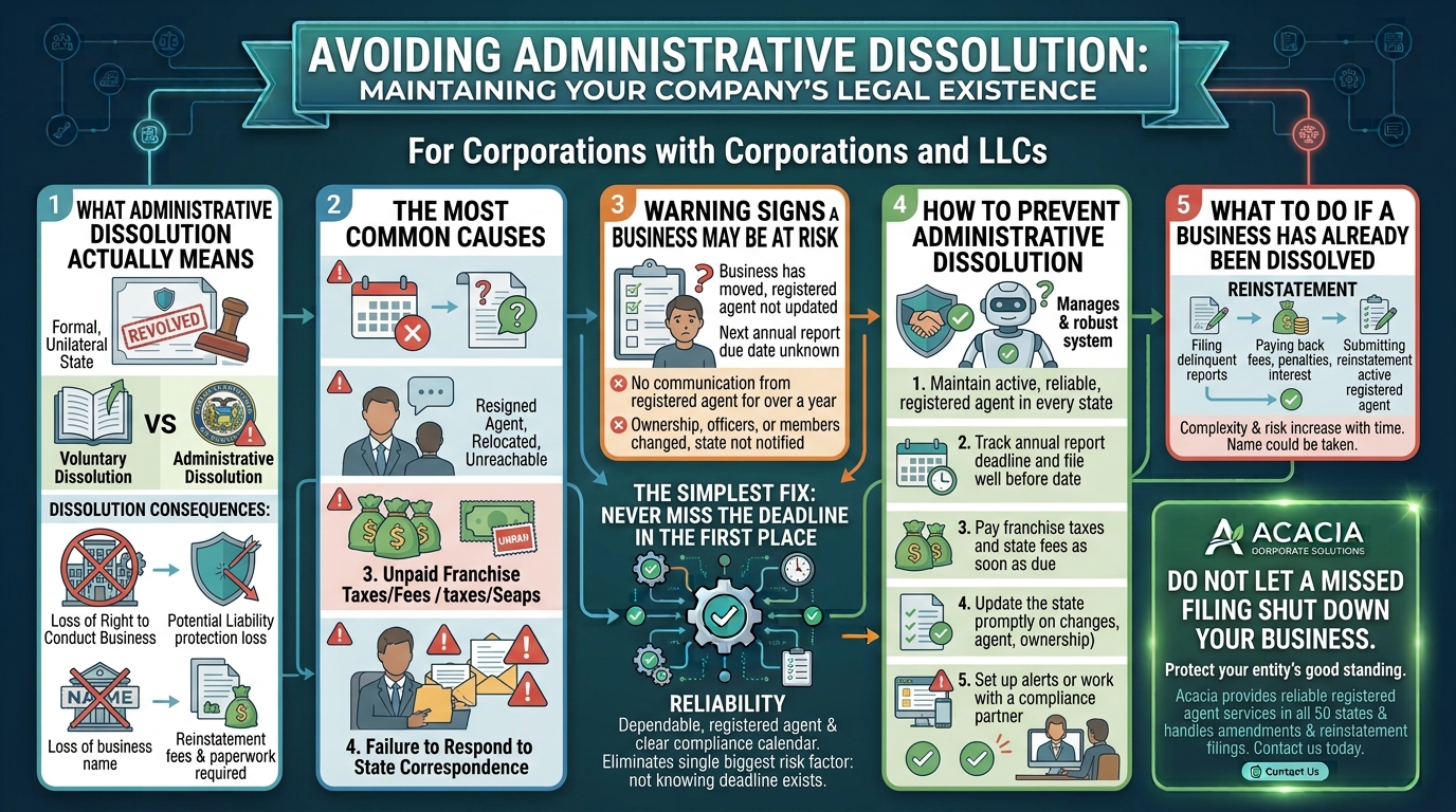 Infographic on avoiding administrative dissolution for corporations/LLCs, showing five steps and a support panel.