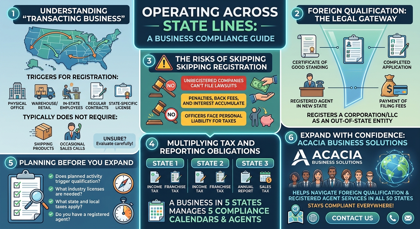 Infographic title: Operating Across State Lines—a business compliance guide, with numbered sections and icons across a map of the U.S. with arrows between states.