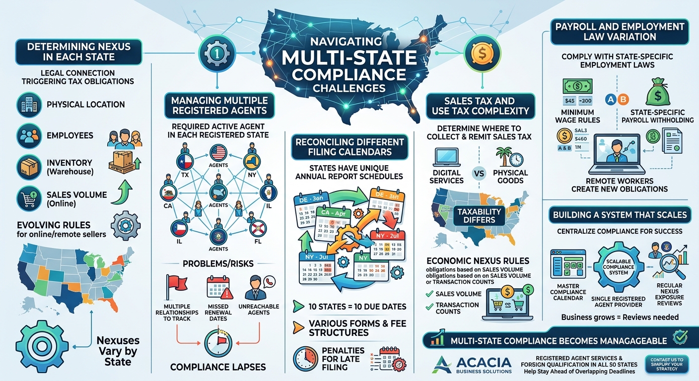 Infographic about multi-state compliance challenges with a US map and icons for agents, calendars, taxes, and payroll.