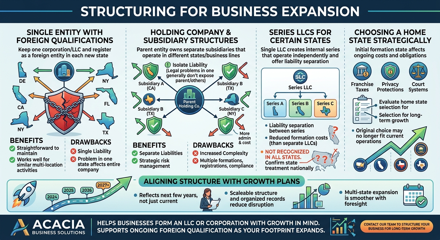 Infographic outlining four expansion strategies: foreign qualification, holding company structures, Series LLCs, and strategic home-state planning.