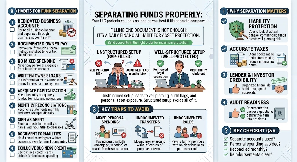 Infographic explaining how to separate funds properly for a business, with steps, checklists, and tips across panels.