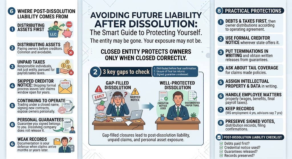 Infographic about avoiding future liability after dissolution, with steps to protect assets and records for business owners.