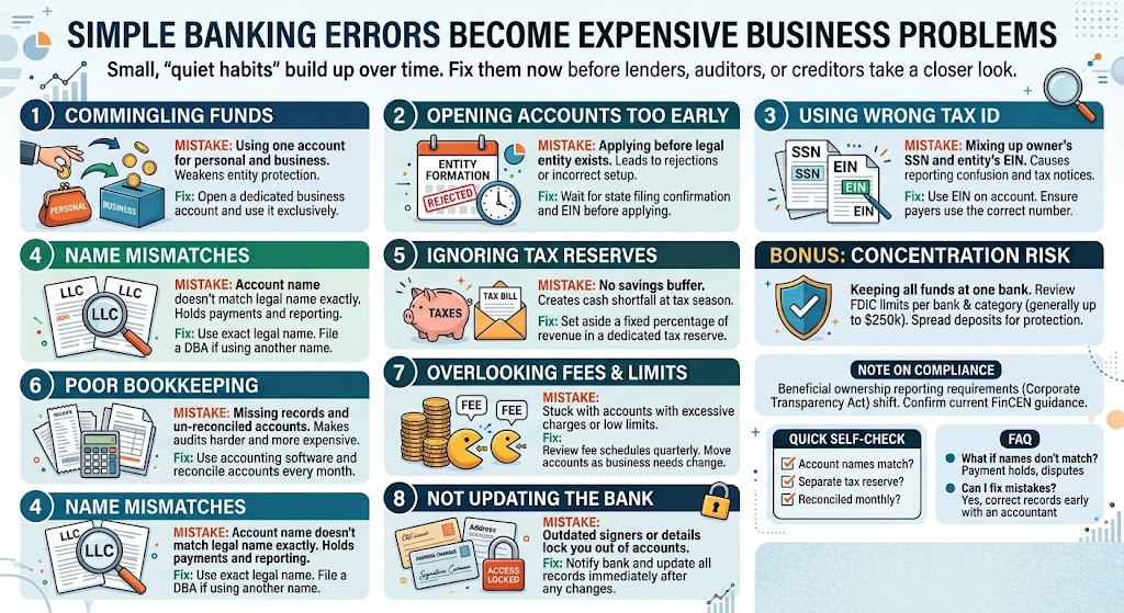 Infographic showing eight common banking mistakes that cost businesses, with quick fixes and tips to avoid them.