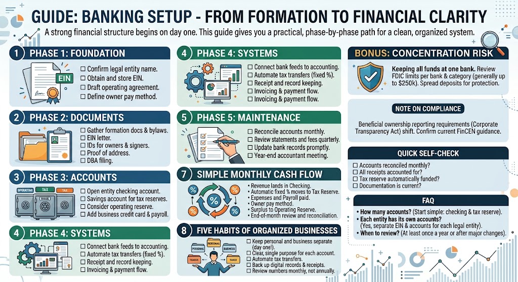 Infographic titled Guide: Banking Setup—From Formation to Financial Clarity, showing eight phases (Foundation, Documents, Accounts, Systems, Maintenance, Simple Cash Flow, Five Habits, Bonus/Notes).