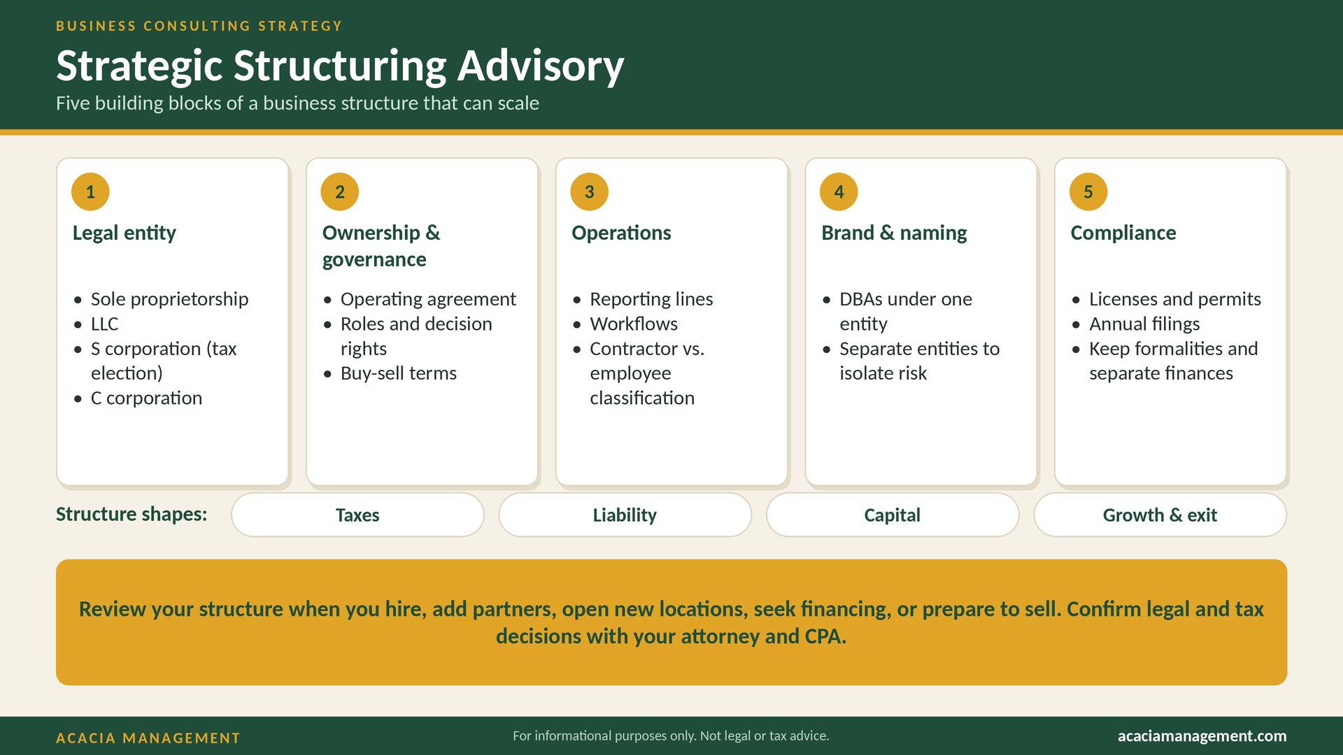 Infographic outlining Strategic Structuring Advisory with five cards: Legal entity, Ownership & governance, Operations, Brand & naming, Compliance, plus structure categories Taxes, Liability, Capital, Growth & exit.